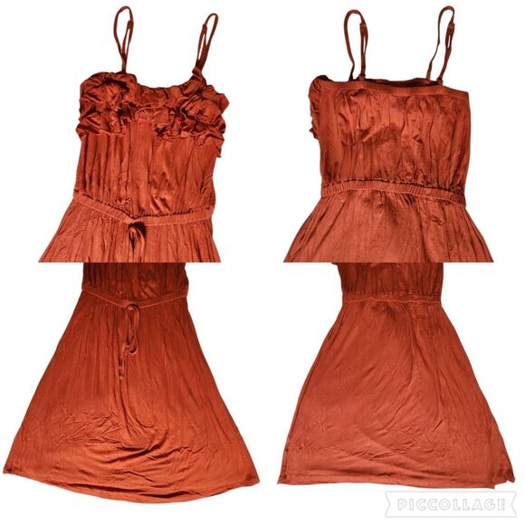 Pink Rose Rust Orange Ruffle Bust Drawstring Fit & Flare Mini Dress Sz M - Picture 3 of 12
